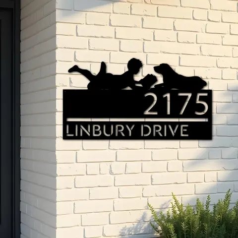 Custom Metal Boy reading book with dog Metal Address Sign, House number, Outdoor Number Signage, Yard Sign Address Plate