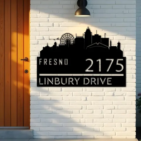 Vue alternative de Custom Metal Fresno city skyline Metal Address Sign Hanging Address Plaque house number Yard Outdoor Sign