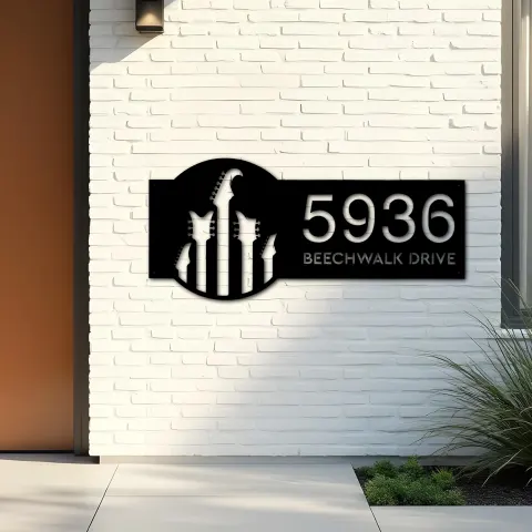 Vue alternative de Custom Metal Guitar Metal Address Sign Custom House number Hanging Address Plaque Yard Sign Outdoor Sign