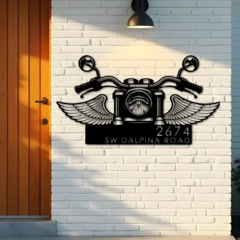 Vista alternativa de Custom Metal Biker Bike rider Motocycle with wings Metal Address Sign, House number, Outdoor Number Signage, Yard Sign Address Plate