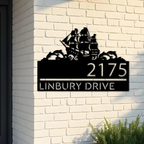 Custom Metal Boat with dolphins Metal Address Sign, House number, Outdoor Number Signage, Yard Sign Address Plate