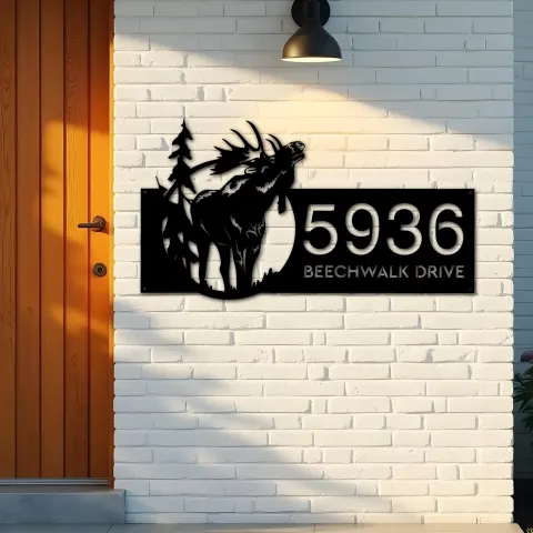 Vue alternative de Custom Metal Elk wild life forest Metal Address Sign, House number, Outdoor Number Signage, Yard Sign Address Plate