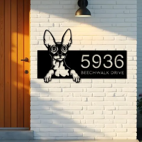 Vista alternativa de Custom Metal Cornish rex Cute peeking cat kitten Metal Address Sign, House number, Outdoor Number Signage, Yard Sign Address Plate