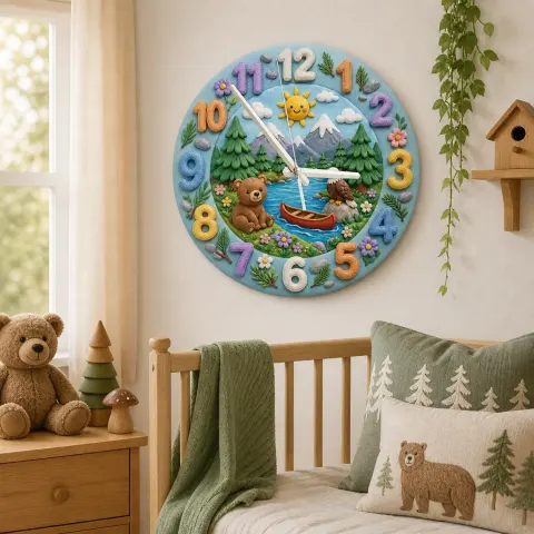 Waldtier Bär Kinderzimmer Wanduhr | Bergsee Babyzimmer Dekor, Wandkunst für Jungenzimmer & Geschenk zur Babyparty (34,5 cm)