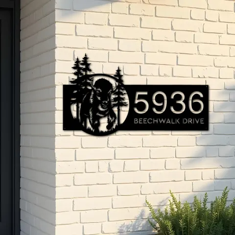 Custom Metal Bison forest wild life Metal Address Sign, House number, Outdoor Number Signage, Yard Sign Address Plate