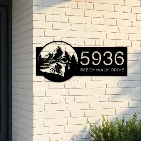 Custom Metal Mountain bike biker MTB Metal Address Sign, House number, Outdoor Number Signage, Yard Sign Address Plate