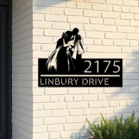 Custom Metal Kissing bride and groom Metal Address Sign, House number, Outdoor Number Signage, Yard Sign Address Plate