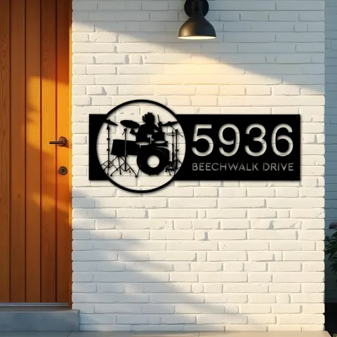 Vue alternative de Custom Metal Drummer Drum player musician Metal Address Sign, House number, Outdoor Number Signage, Yard Sign Address Plate