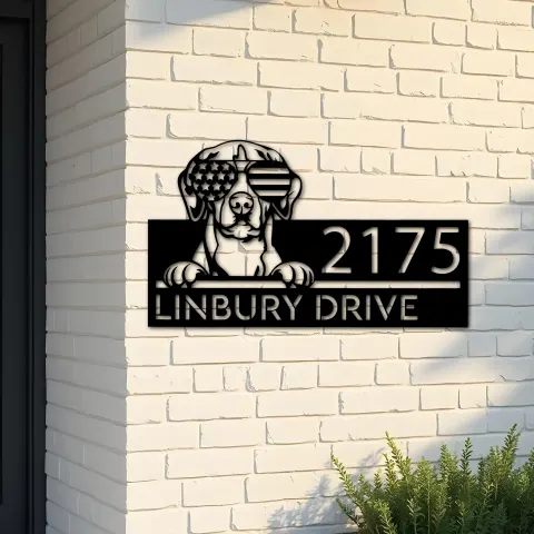 Custom Metal Foxhound dog US flag glasses Metal Address Sign House number Hanging Address Plaque Yard Sign Outdoor decor