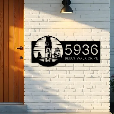 Vue alternative de Custom Metal Lighthouse and ship sea adventure Metal Address Sign, House number, Outdoor Number Signage, Yard Sign Address Plate