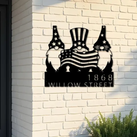 Custom Metal Gnomes 4th of July patriotic Metal Address Sign, House number, Outdoor Number Signage, Yard Sign Address Plate