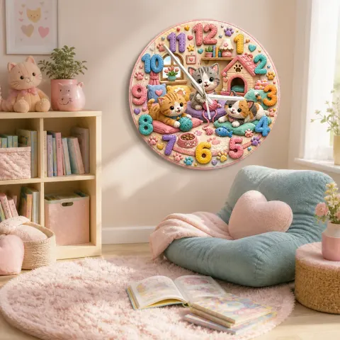 Verspielte Pastell-Kätzchen Wanduhr für Kinderzimmer | Niedliche Katzen-Nursery Dekoration, Wandkunst für das Schlafzimmer eines Mädchens & Geburtstags-Andenken (34,5 cm) alternative Ansicht