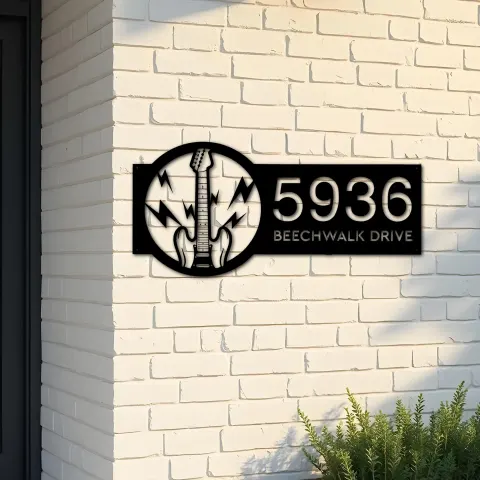 Custom Metal Electric guitar Metal Address Sign Custom House number Hanging Address Plaque Yard Sign Outdoor