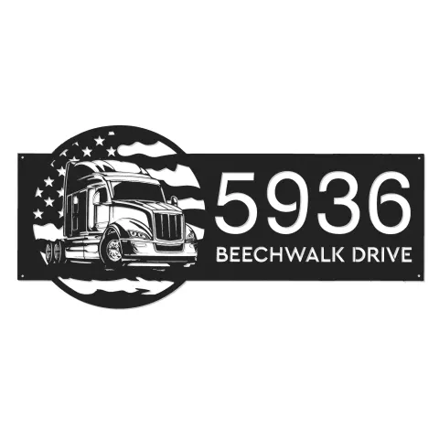 Vista alternativa de Custom Metal Semi truck on US flag trucker driver Metal Address Sign, House number, Outdoor Number Signage, Yard Sign Address Plate