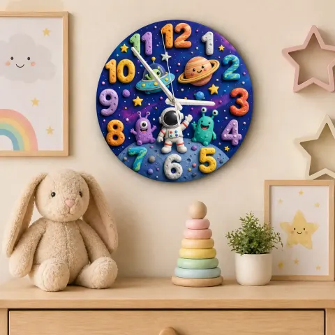 Verspielte Wanduhr für das Kinderzimmer im Weltraumdesign | Astronaut, Alien und Galaxie Dekoration für das Kinderzimmer, Geburtstagsgeschenk für kleine Jungen (34,5 cm)
