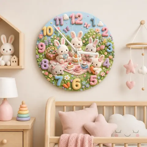 Pastell Hase Tee-Party Wanduhr für Kinderzimmer | Waldtier Babyausstattung, Süßes Geschenk zum Geburtstag für Mädchen (34,5 cm) alternative Ansicht
