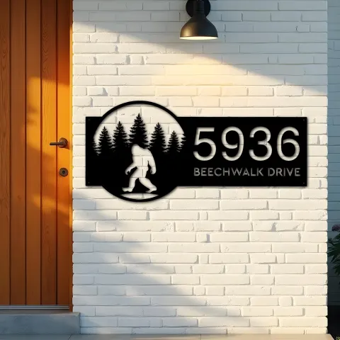 Vista alternativa de Custom Metal Bigfoot Sasquatch forest Metal Address Sign, House number, Outdoor Number Signage, Yard Sign Address Plate