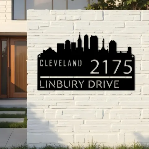 Vista alternativa de Custom Metal Cleveland city skyline Metal Address Sign Hanging Address Plaque house number Yard Outdoor Sign