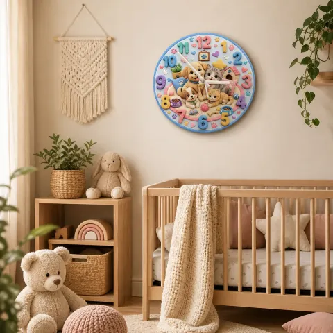 Wanduhr für Kinderzimmer mit süßen Welpen und Kätzchen | Verspielt Haustier-Thema Nursery-Dekoration, Babyparty-Geburtstags-Andenken (34,5 cm)