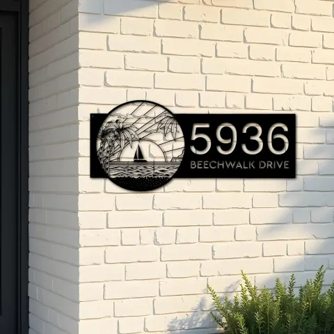 Custom Metal Island sea scene coconut tree Metal Address Sign, House number, Outdoor Number Signage, Yard Sign Address Plate