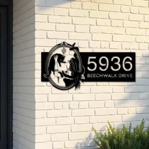 Custom Metal Witch and black cat Metal Address Sign House number Hanging Address Plaque Yard Outdoor Sign