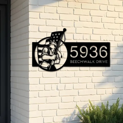Custom Metal American soldier holding US flag Metal Address Sign, House number, Outdoor Number Signage, Yard Sign Address Plate