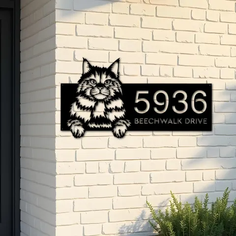 Custom Metal Siberian Cute peeking cat kitten Metal Address Sign, House number, Outdoor Number Signage, Yard Sign Address Plate