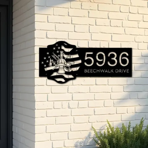 Custom Metal Fireman fire fighter department US flag Metal Address Sign House number Hanging Address Plaque Yard Sign Outdoor