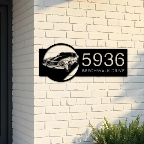 Custom Metal Sport car Metal Address Sign Custom House number Hanging Address Plaque Yard Sign Outdoor