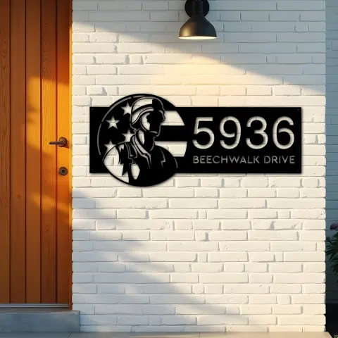 Vista alternativa de Custom Metal American Soldier US flag Metal Address Sign, House number, Outdoor Number Signage, Yard Sign Address Plate