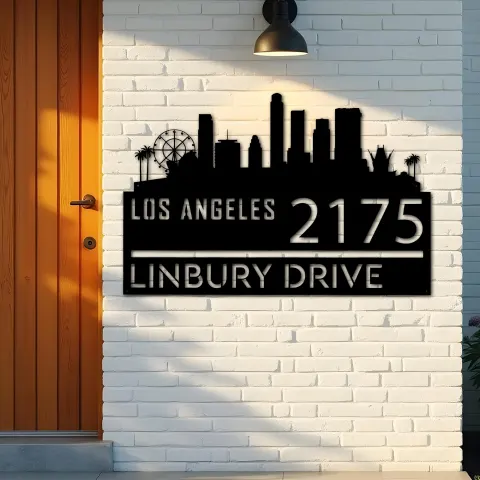 Vue alternative de Custom Metal Los Angeles city skyline Metal Address Sign Hanging Address Plaque house number Yard Outdoor Sign