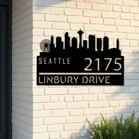 Custom Metal Seattle city skyline Metal Address Sign Hanging Address Plaque house number Yard Outdoor Sign