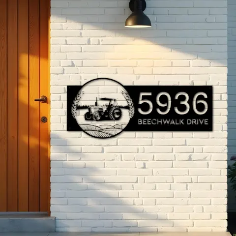 Vista alternativa de Custom Metal Tractor on farm field Metal Address Sign, House number, Outdoor Number Signage, Yard Sign Address Plate