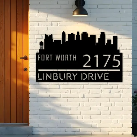 Vue alternative de Custom Metal Fort Worth city skyline Metal Address Sign Hanging Address Plaque house number Yard Outdoor Sign