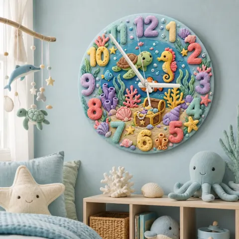 Pastell Unter dem Meer Wanduhr für Kinderzimmer | Ozean Schildkröte Dekoration, Perfektes Geschenk zur Babyparty für Jungen und Mädchen (34,5 cm)