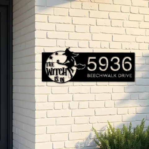 Custom Metal The witch is in halloween Metal Address Sign, House number, Outdoor Number Signage, Yard Sign Address Plate