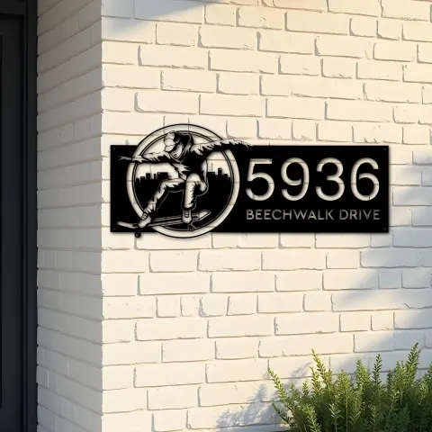 Custom Metal Skateboarder sport Skateboard Metal Address Sign, House number, Outdoor Number Signage, Yard Sign Address Plate