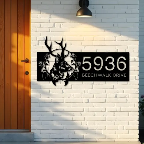 Vue alternative de Custom Metal Floral deer head Metal Address Sign, House number, Outdoor Number Signage, Yard Sign Address Plate