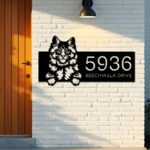 Vue alternative de Custom Metal Main coon Cute peeking cat kitten Metal Address Sign, House number, Outdoor Number Signage, Yard Sign Address Plate