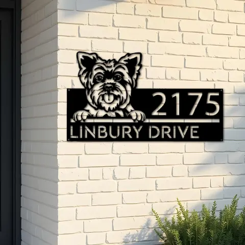 Custom Metal Yorkshire Dog Cute puppy Metal Address Sign House number Hanging Address Plaque Yard Sign Outdoor decor