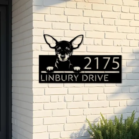 Custom Metal Miniature pinscher dog cute puppy Metal Address Sign House number Hanging Address Plaque Yard Sign Outdoor decor