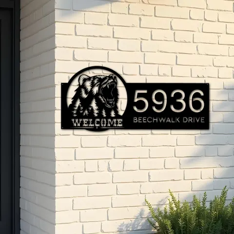 Custom Metal Bear forest scene wild life animal welcome Metal Address Sign, House number, Outdoor Number Signage, Yard Sign Address Plate