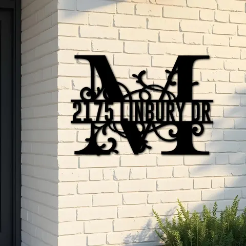 Custom Metal Floral Monogram Split Letter M Metal Address Sign House number Hanging Address Plaque Yard Sign Outdoor decor