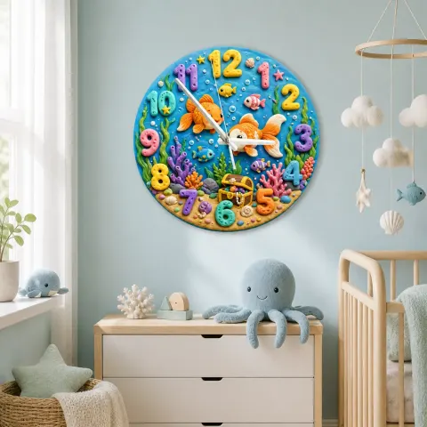 Wanduhr für Kinderzimmer mit Unterwasser-Motiv | Bunte Fische Schatz-Nursery-Dekoration, Spielzimmer-Wandkunst Geschenkidee für Babys (34,5 cm) alternative Ansicht