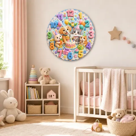 Festliche Geburtstagsfeier Tiere Wanduhr für Kinderzimmer | Welpe, Katze, Kaninchen Dekoration, Buntes Geschenk zur Babyparty (34,5 cm)