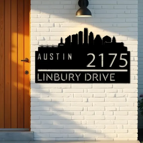 Vista alternativa de Custom Metal Austin city skyline Metal Address Sign Hanging Address Plaque house number Yard Outdoor Sign