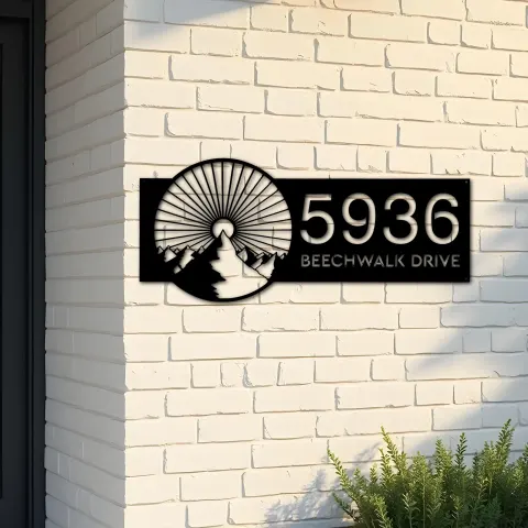 Custom Metal Mountain scene Metal Address Sign, House number, Outdoor Number Signage, Yard Sign Address Plate001