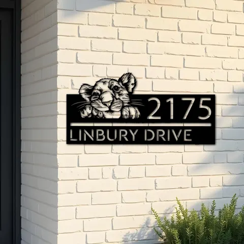 Custom Metal Peeking Lion Cub Wild animal wildlife Metal Address Sign, House number, Outdoor Number Signage, Yard Sign Address Plate