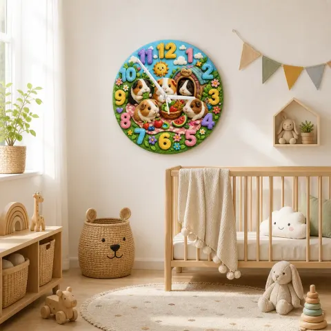 Wanduhr für Kinderzimmer mit Meerschweinchen-Picknick | Süße Haustier-Nursery-Dekoration, Babyparty-Geburtstagsgeschenk für Mädchen und Jungen (34,5 cm) alternative Ansicht