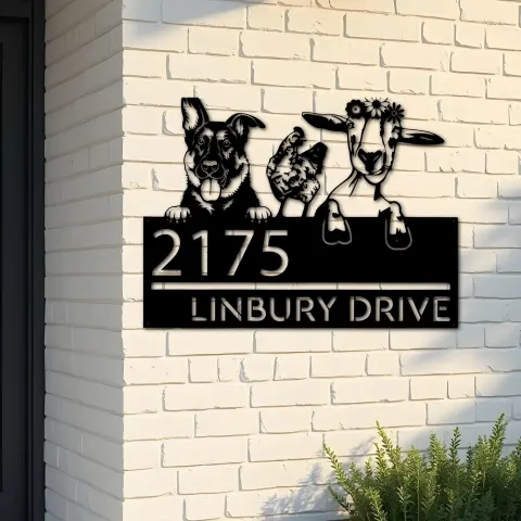 Custom Metal German shepherd chicken and goat Metal Address Sign, House number, Outdoor Number Signage, Yard Sign Address Plate